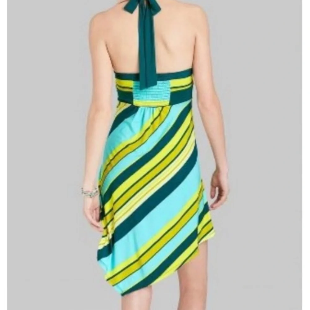 NWT Wild Fable Teal & Yellow Striped Halter A-Line Dress Handkerchief Hem XL - Picture 2 of 14
